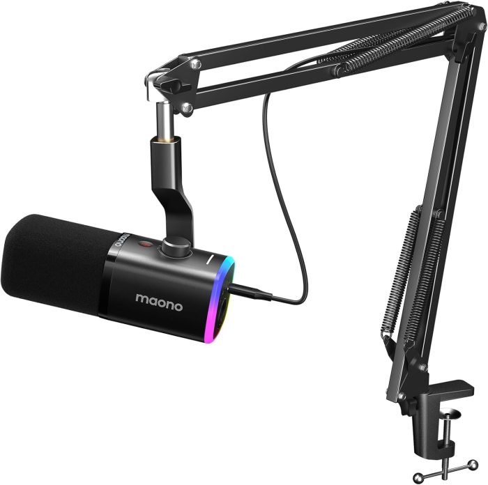 Dynamic Gaming Microphone with Boom Arm: XLR/USB Podcast Microphone with Software, Mute Button, Gain Control, RGB PC Mic for Streaming, Recording, PS4/PS5, YouTube Content Creation PD100XS